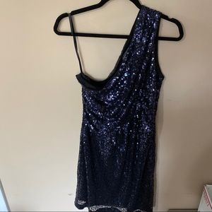 Navy one shoulder sequined dress